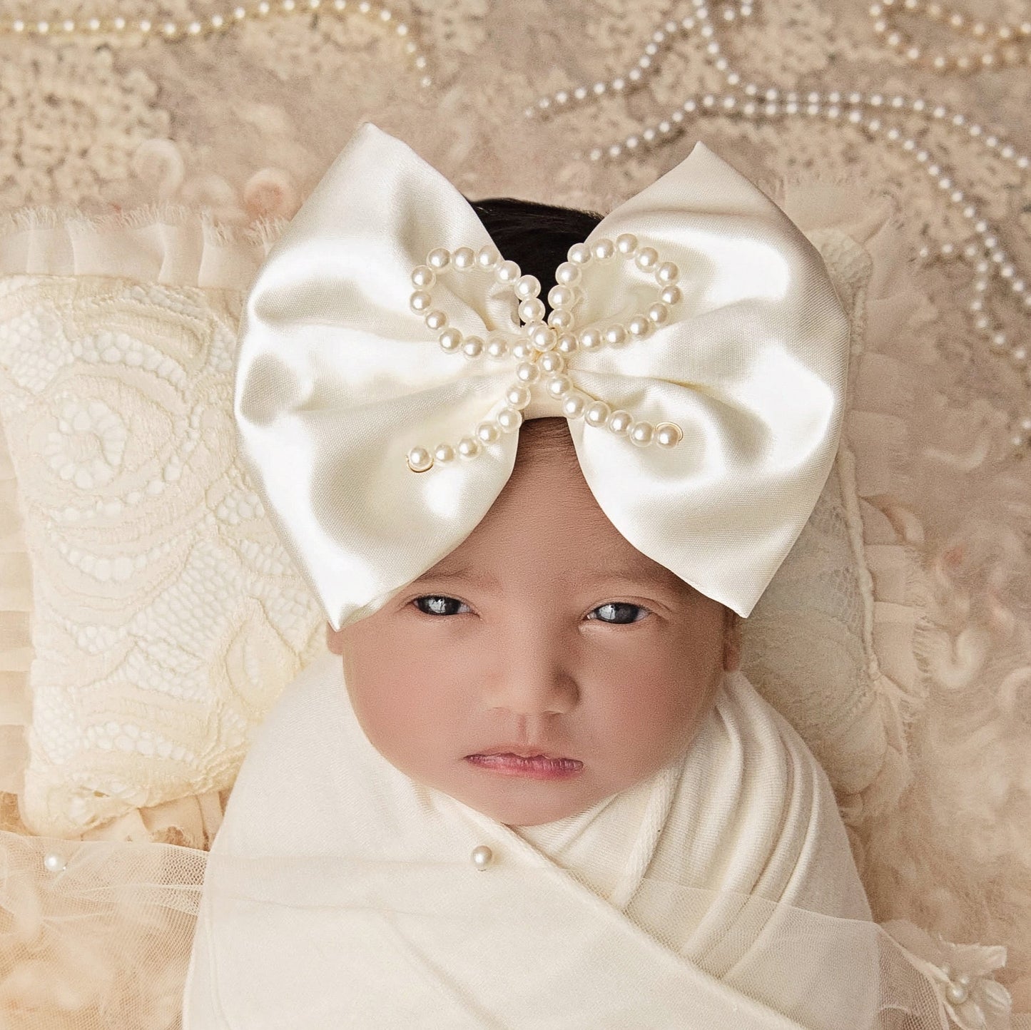 Shiny Ivory Satin with Pearl Bow Brooch Bow
