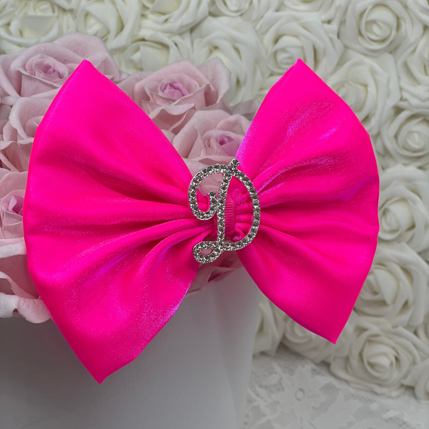 "It Girl" Neon Pink Bow with Rhinestone Initial Brooch