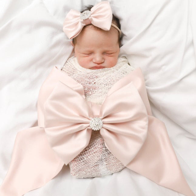 3 Piece Blush Pink Satin Swaddle Set with Itty-Bitty Headbow