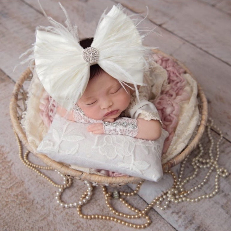 Ivory Satin Bow with Feathers