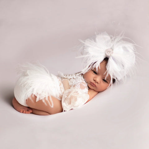 Shiny White Satin Feather Bow