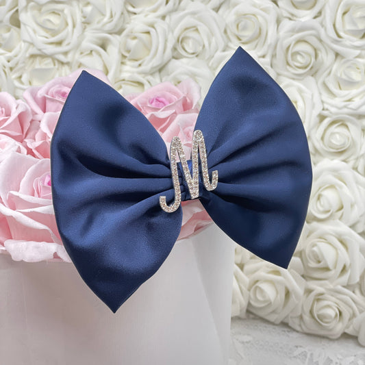 Back to School: Indigo Blue Satin with Rhinestone Initial Brooch