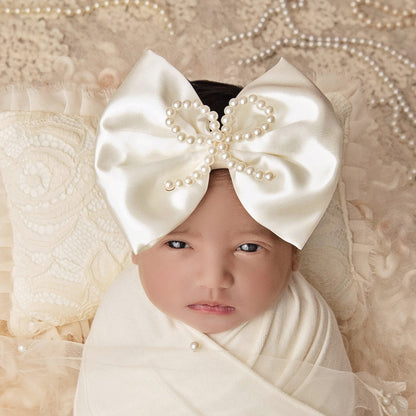 Shiny Ivory Satin with Pearl Bow Brooch Bow