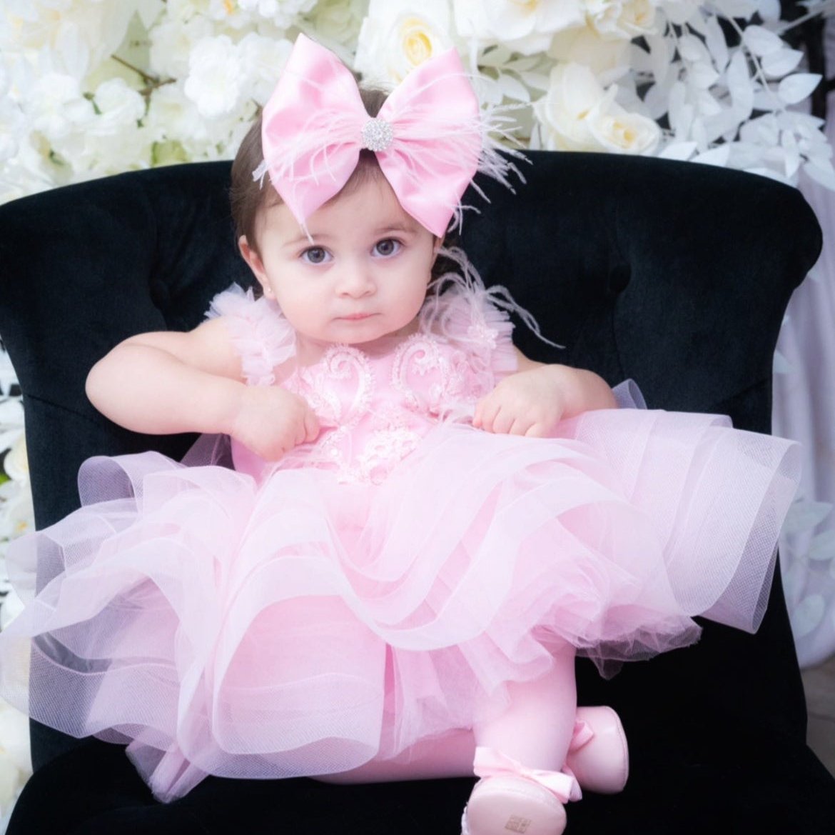 Candy Pink Satin Bow with Pale Pink Feathers