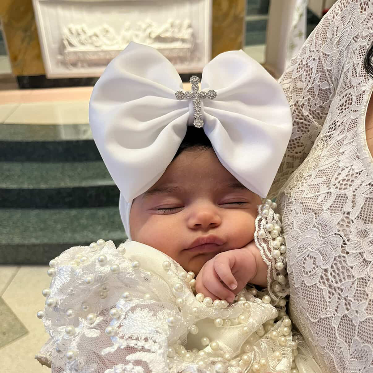 Rhinestone Cross Christening Bow