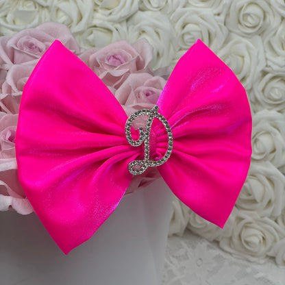 "It Girl" Neon Pink Bow with Rhinestone Initial Brooch