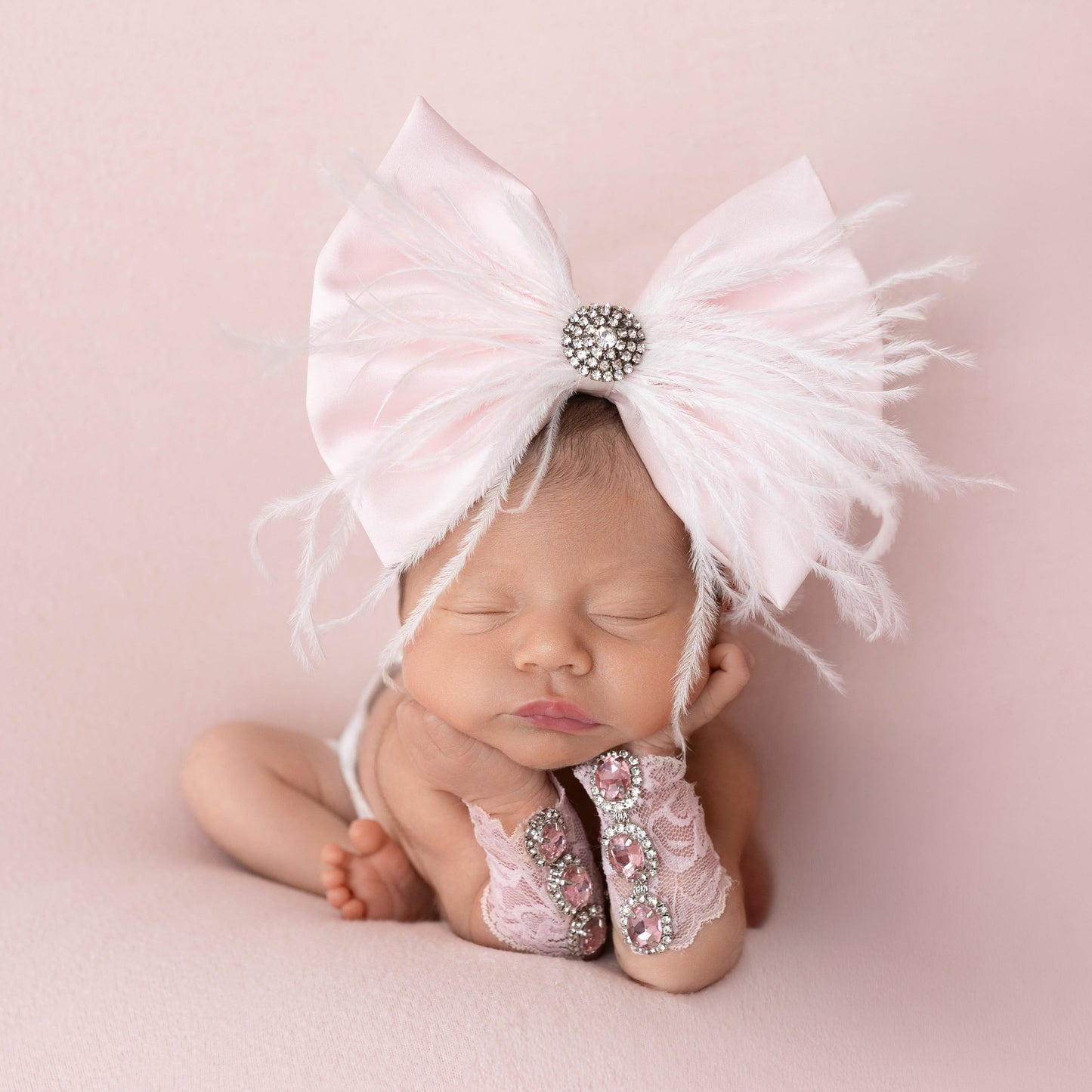 Ice Pink Satin Feather Bow