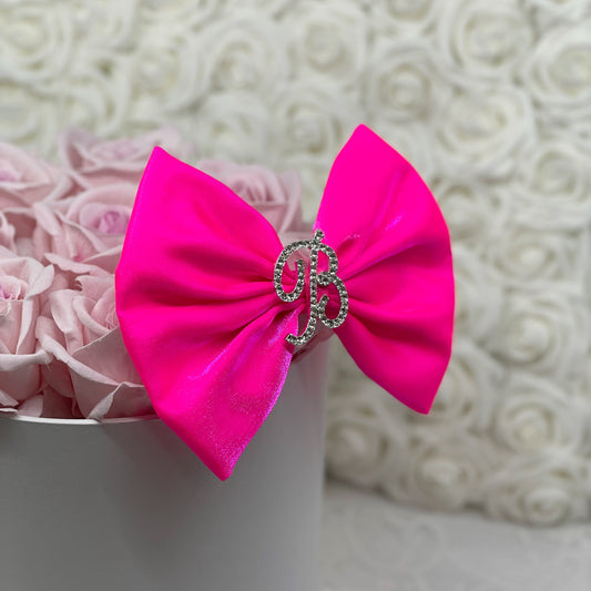 "It Girl" Neon Pink Bow with Rhinestone Initial Brooch