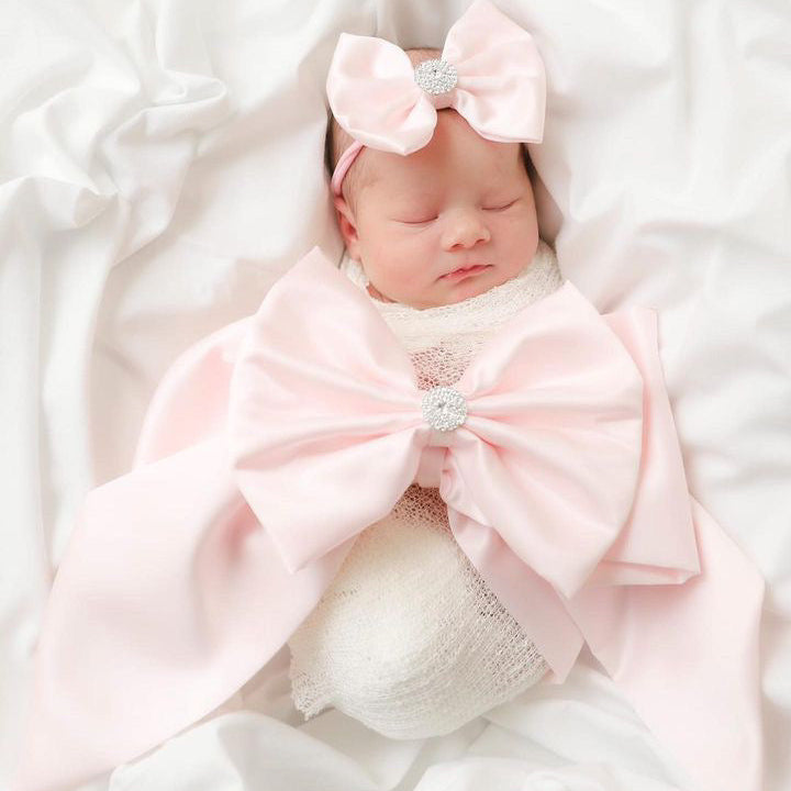 3 Piece Ice Pink Satin Swaddle Set with Itty-Bitty Headbow
