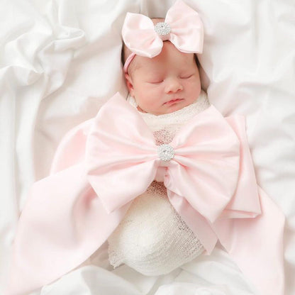 3 Piece Ice Pink Satin Swaddle Set with Itty-Bitty Headbow