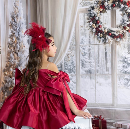 Burgundy Satin Fluffy Feather Bow