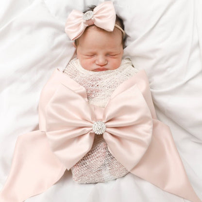 3 Piece Blush Pink Satin Swaddle Set with Itty-Bitty Headbow