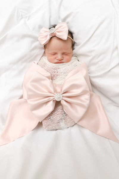 Blush Pink Satin Double Bow Swaddle Set (3-Pieces)