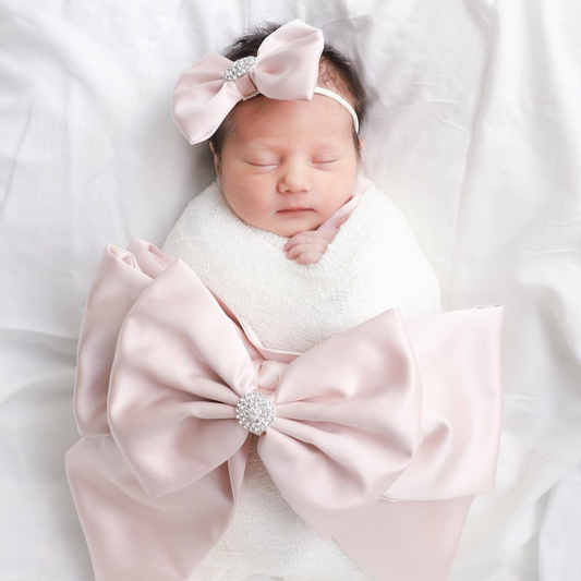 3 Piece Blush Pink Satin Swaddle Set with Itty-Bitty Headbow
