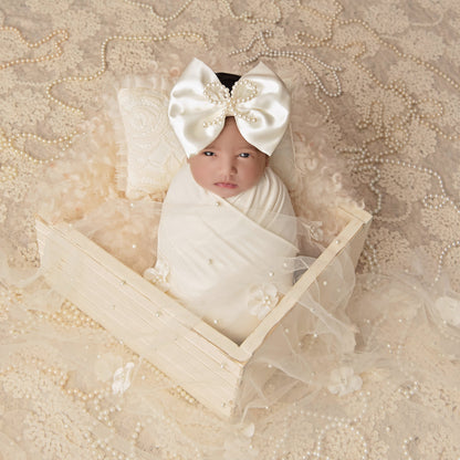 Shiny Ivory Satin with Pearl Bow Brooch Bow