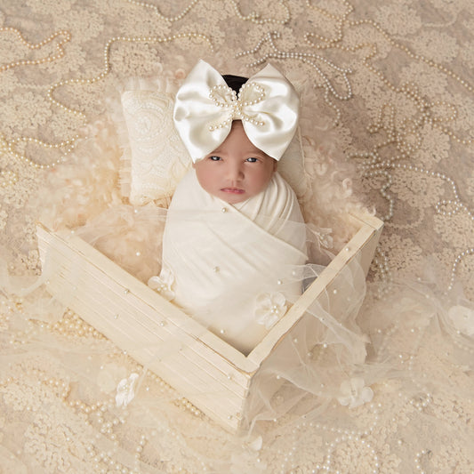 Shiny Ivory Satin with Pearl Bow Brooch Bow