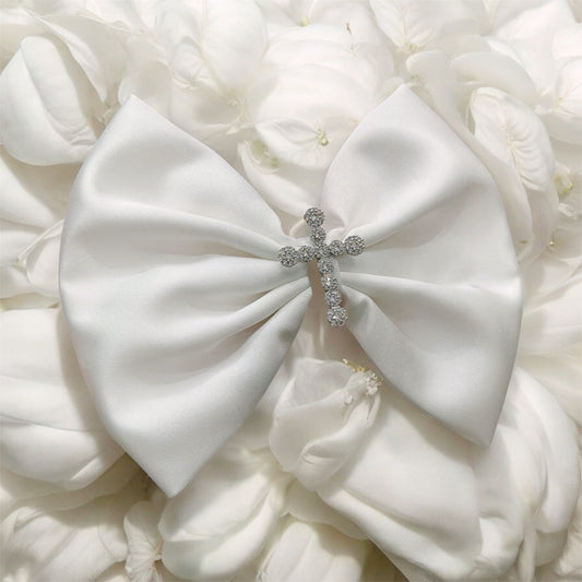 Rhinestone Cross Christening Bow