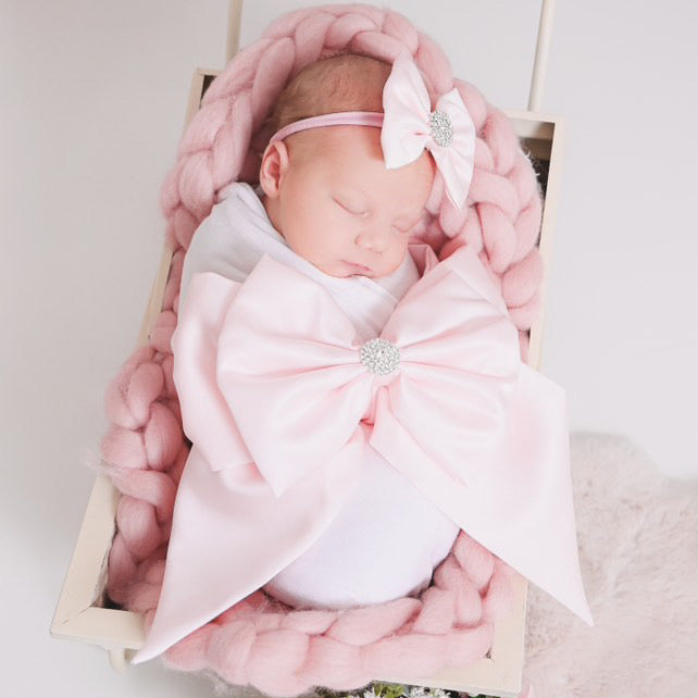 3 Piece Ice Pink Satin Swaddle Set with Itty-Bitty Headbow