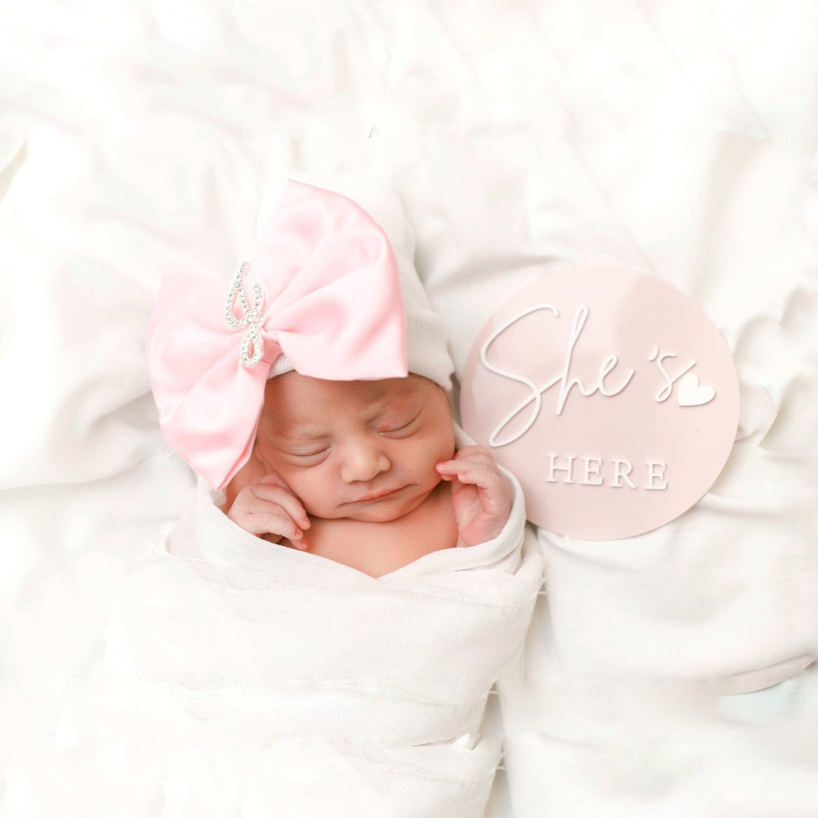 Ice Pink Satin Hospital Hat with Rhinestone Initial Brooch
