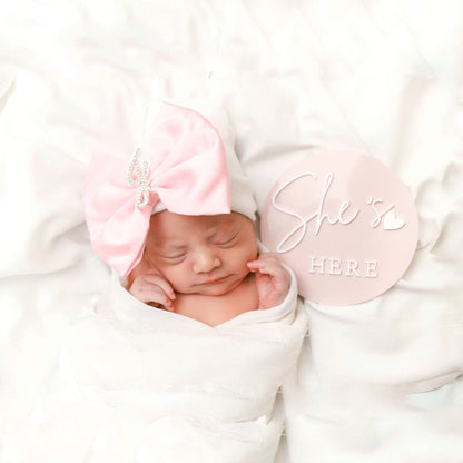 Ice Pink Satin Hospital Hat with Rhinestone Initial Brooch