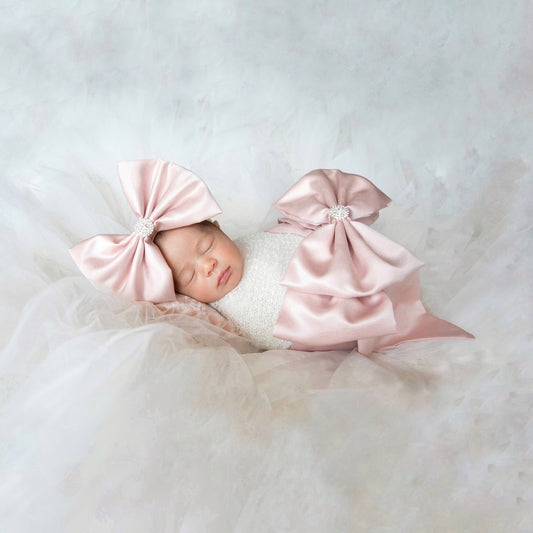 3 Piece Blush Pink Satin Swaddle Set with Small Headbow