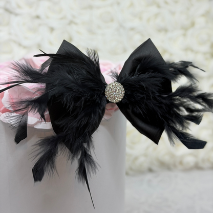 Black Satin Bow with Black Fluffy Feathers