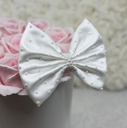 Pearl Studded White Satin Bow