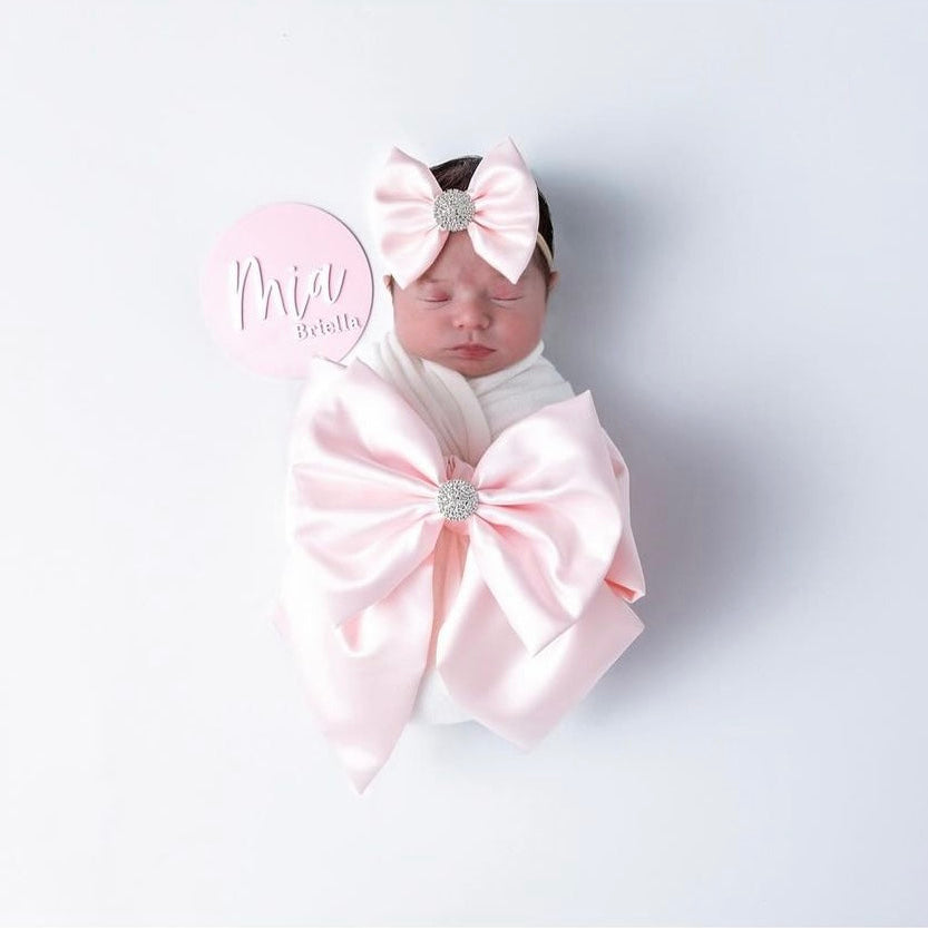 3 Piece Ice Pink Satin Swaddle Set with Itty-Bitty Headbow