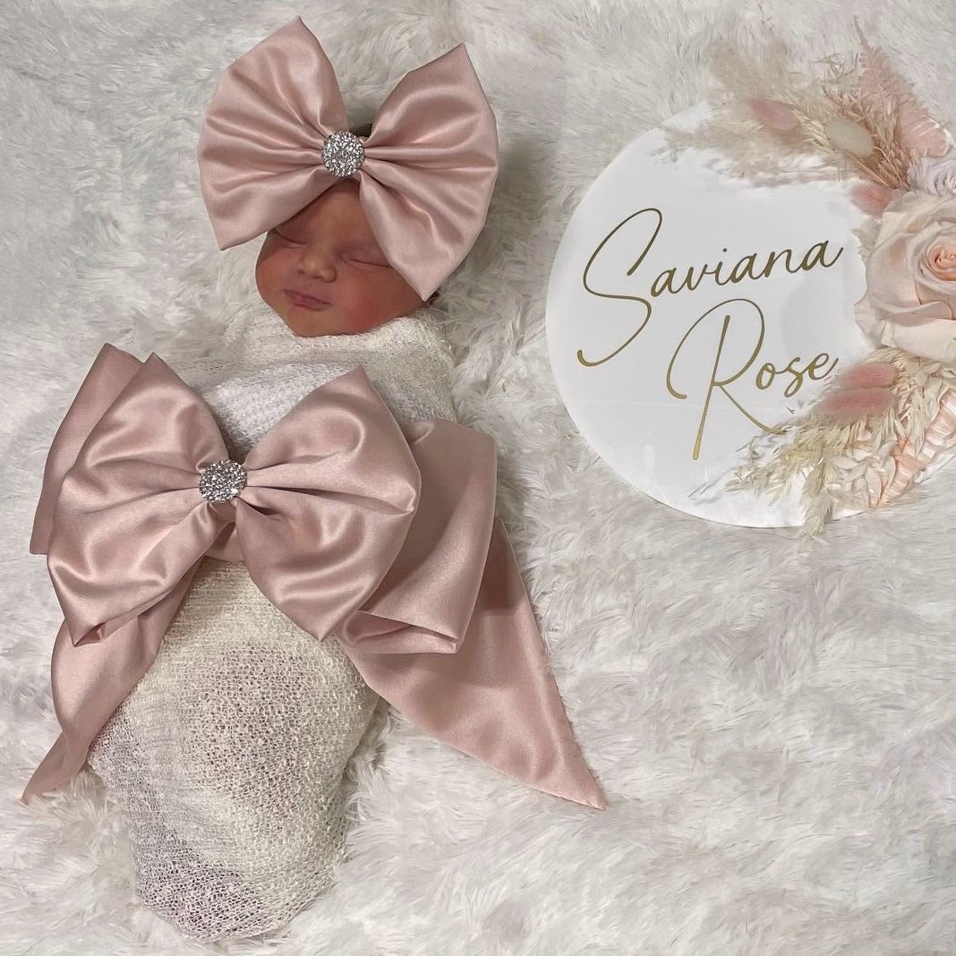 3 Piece Blush Pink Satin Swaddle Set with Small Headbow