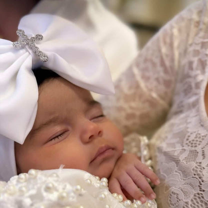 Rhinestone Cross Christening Bow