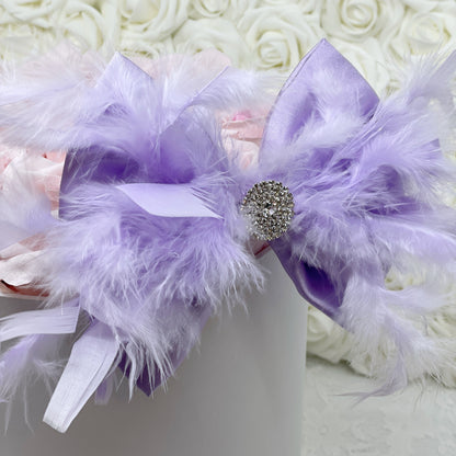Shiny Light Purple Satin Bow with Matching Fluffy Feathers