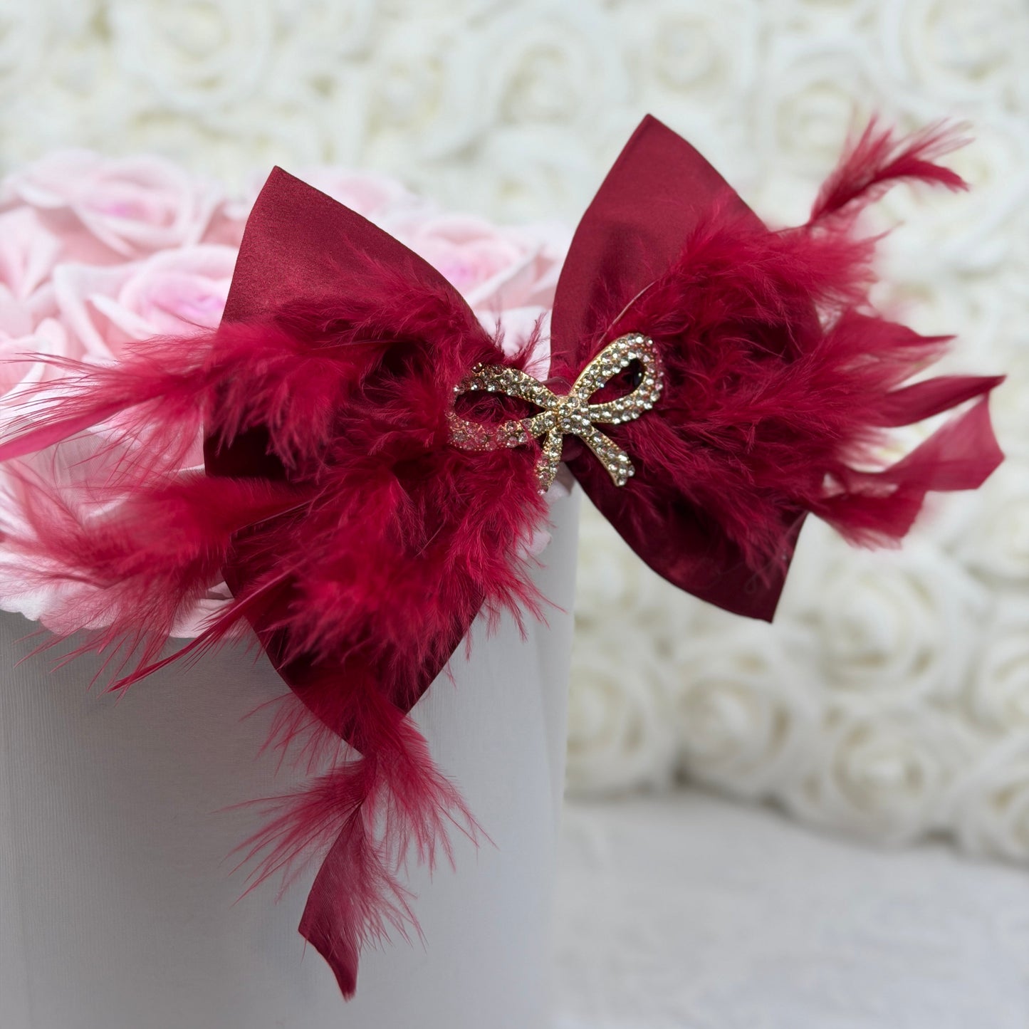 Rhubarb Silk Taffeta and Fluffy Feather Bow