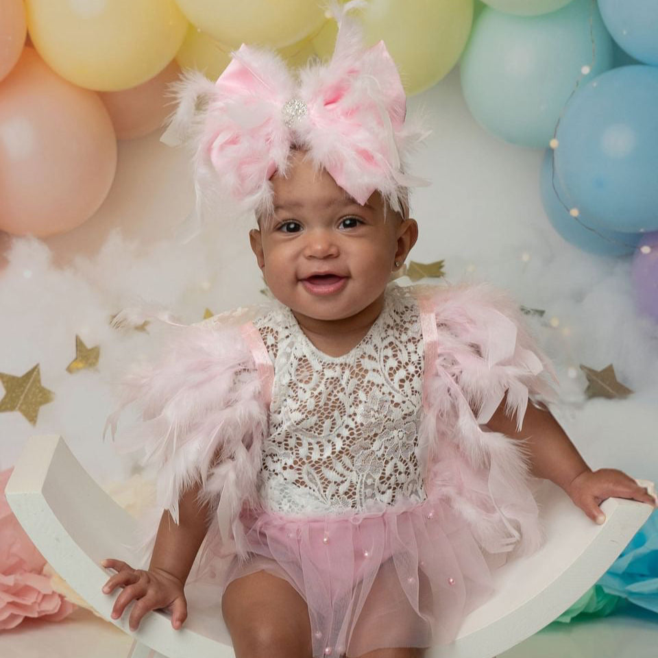 Candy Pink Satin Bow with Fluffy Light Pink Feathers