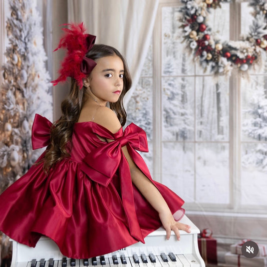 Burgundy Satin Fluffy Feather Bow