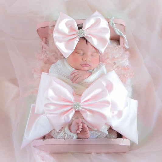 3 Piece Ice Pink Satin Swaddle Set with Small Headbow