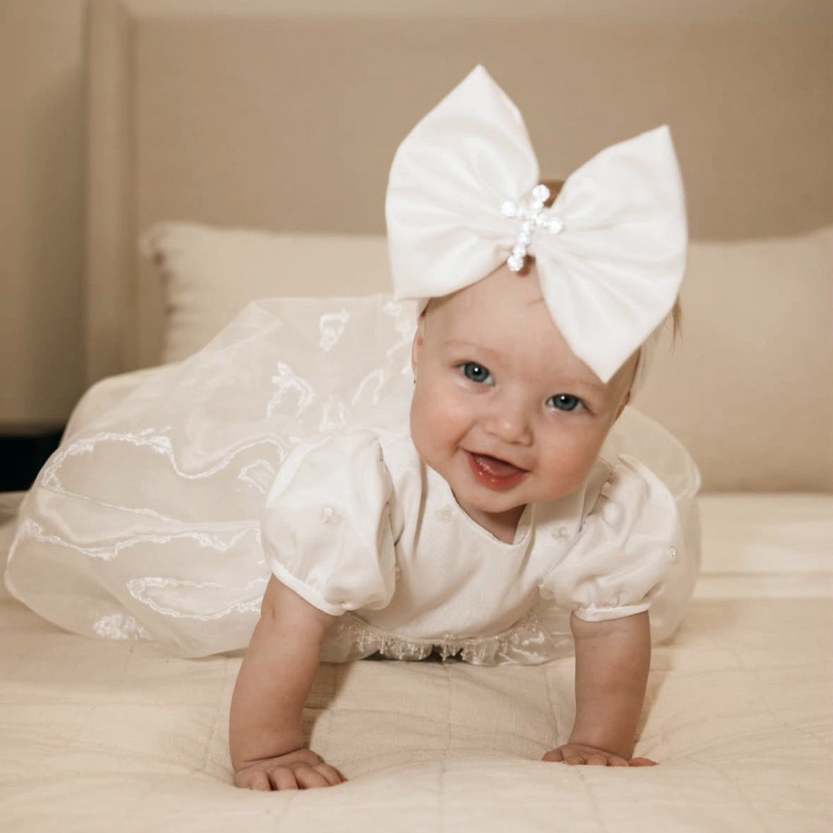 Rhinestone Cross Christening Bow