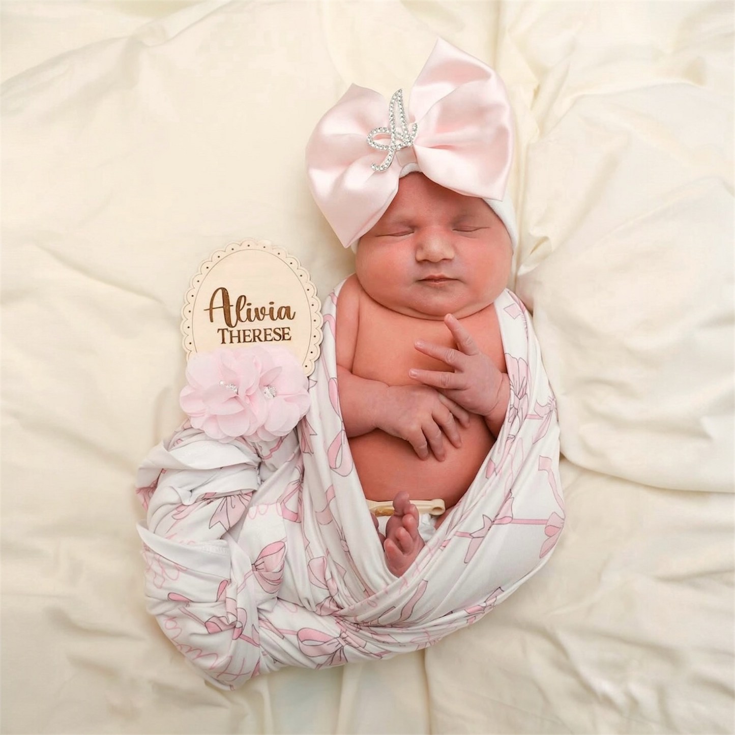 Ice Pink Satin Hospital Hat with Rhinestone Initial Brooch