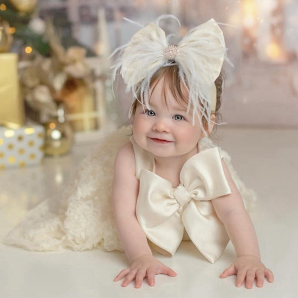 Antique White Silk Taffeta Feather Bow