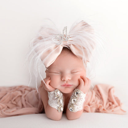 Rhinestone Initial Brooch Satin Bow with Feathers