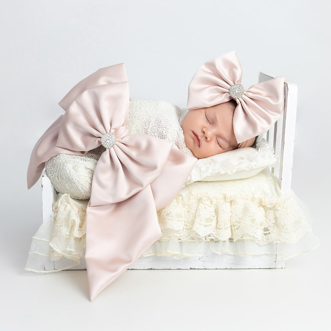 3 Piece Blush Pink Satin Swaddle Set with Small Headbow