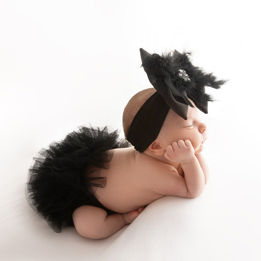 Black Satin Bow with Black Fluffy Feathers