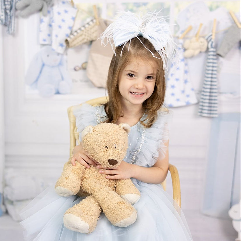 Ice Blue Satin Bow with White Ostrich Feathers