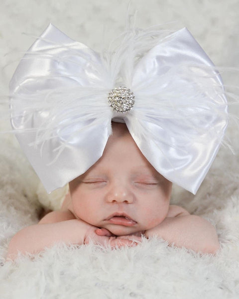 Shiny White Satin Feather Bow