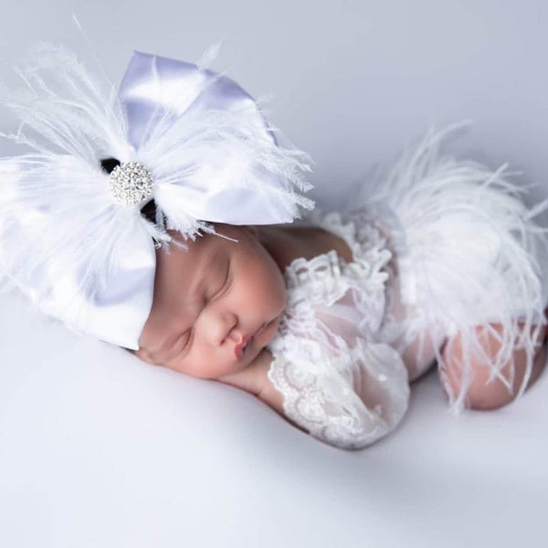 Shiny White Satin Feather Bow