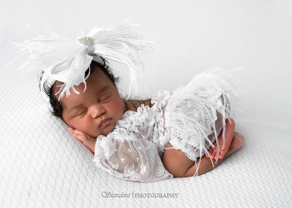 Shiny White Satin Feather Bow