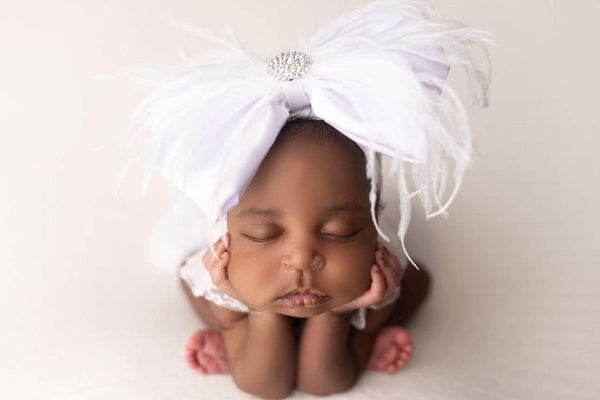 Shiny White Satin Feather Bow