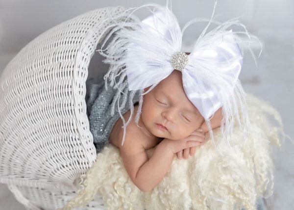 Shiny White Satin Feather Bow