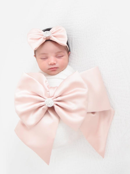 Blush Pink Satin Double Bow Swaddle Set (3-Pieces)