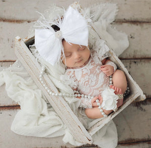 White Satin Bow with Feathers